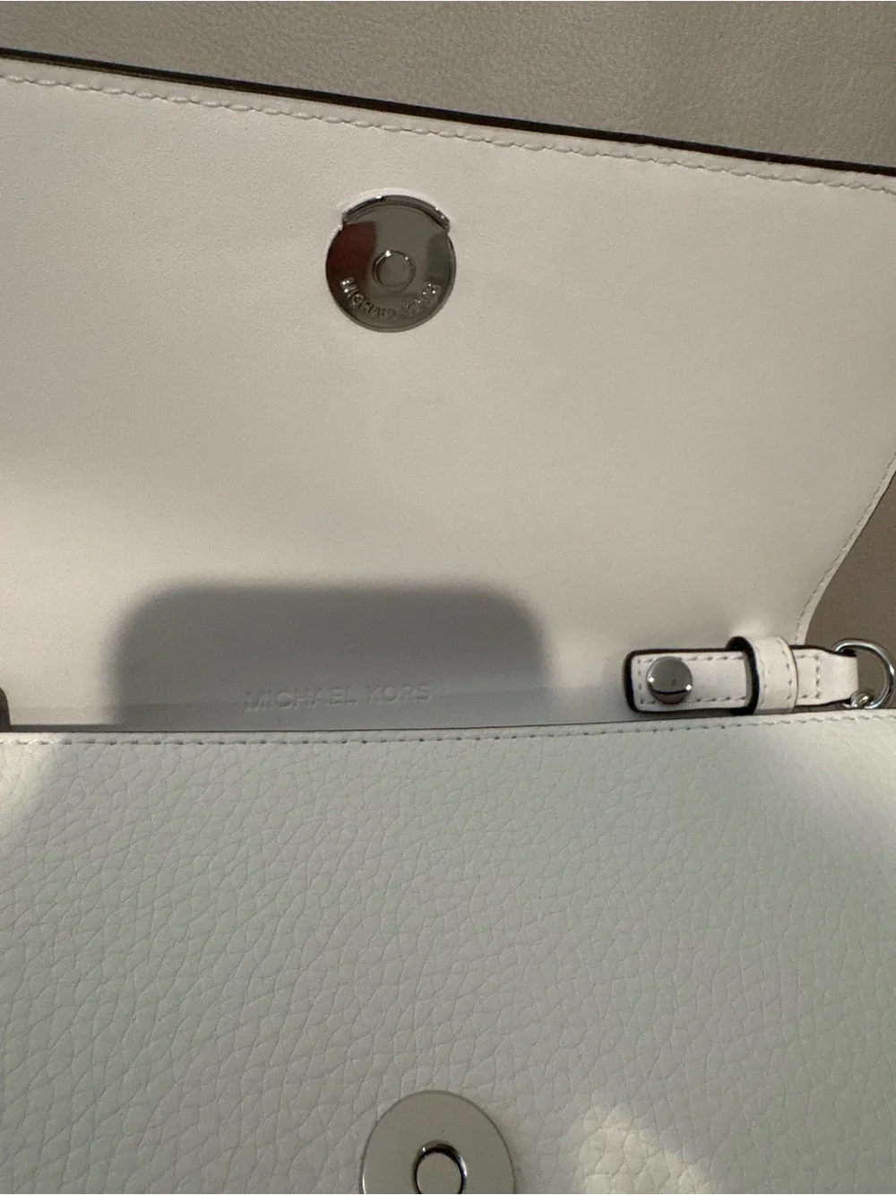 MICHAEL Michael Kors Optic White Leather Crossbody Clutch with Silver Chain